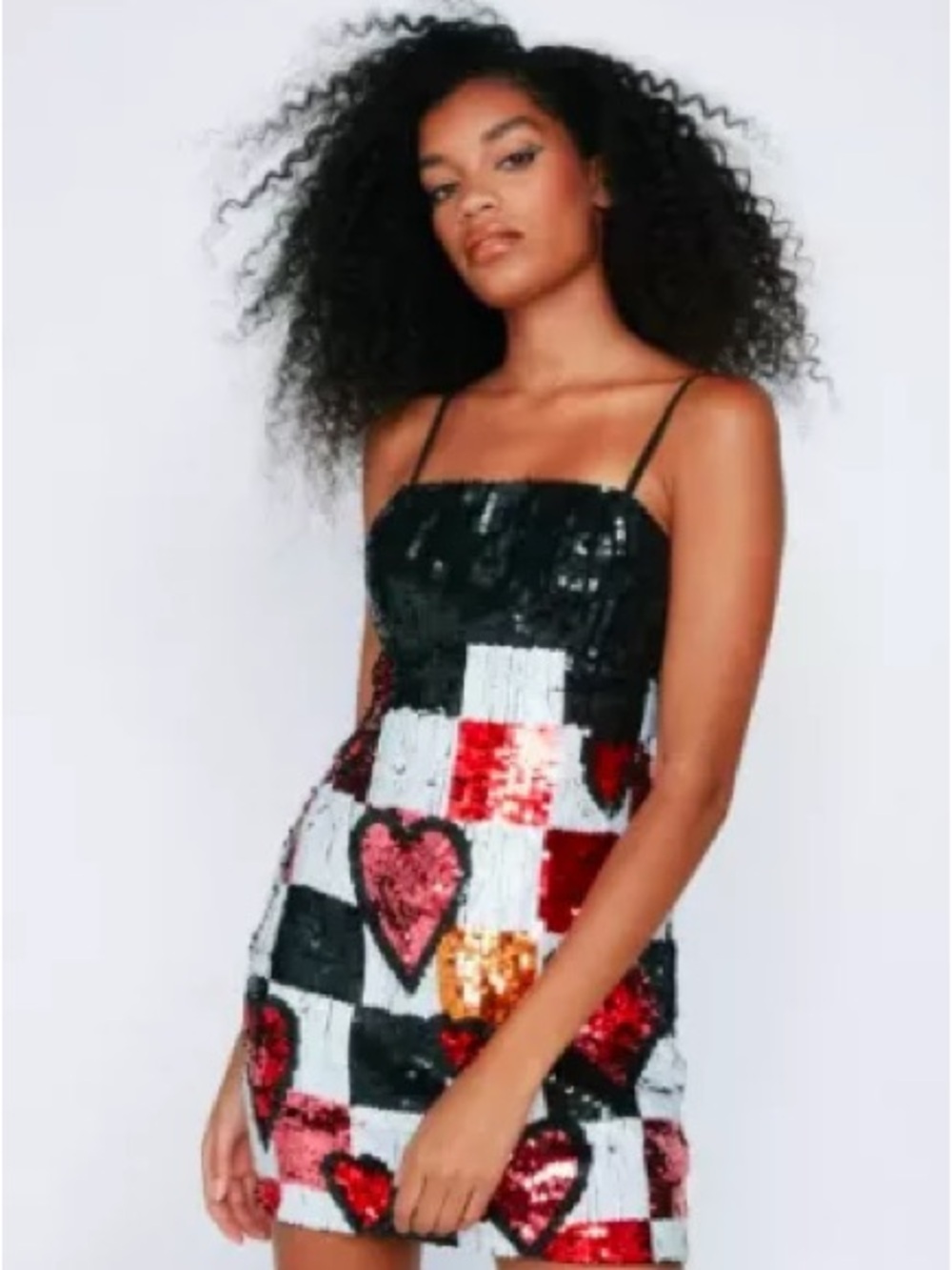Nasty Gal Black, White & Red Sequin Checkerboard Mini Dress with Hearts